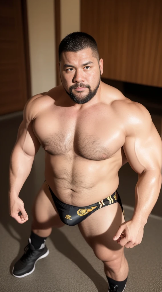 the only person，male，muscle wrestler，muscular，stout wrestler，Japan，uncle，45岁middle aged男子，short hair，short hair细节，wrestling boots，Sneakers body image，Panoramic figures，WWE ring，WWE professional wrestling，spotlight，shadow，Vision，orange color，gold  short-lived，40 years old，short beard，middle aged，Tattoos are，fingerless gloves，wheat colored skin，oily skin，dark skin，Show off your chest muscles，sumo wrestler，bodybuilder，short beard，wide temples，Serious，