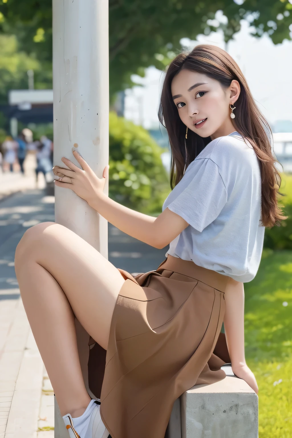 a women, round face, angle from below, casual clothes, (long skirt), (open legs), raise leg, (enjoying masturbating to straddle bollard outdoor), nameplate, id card, (thin thighs), (brown-skin),