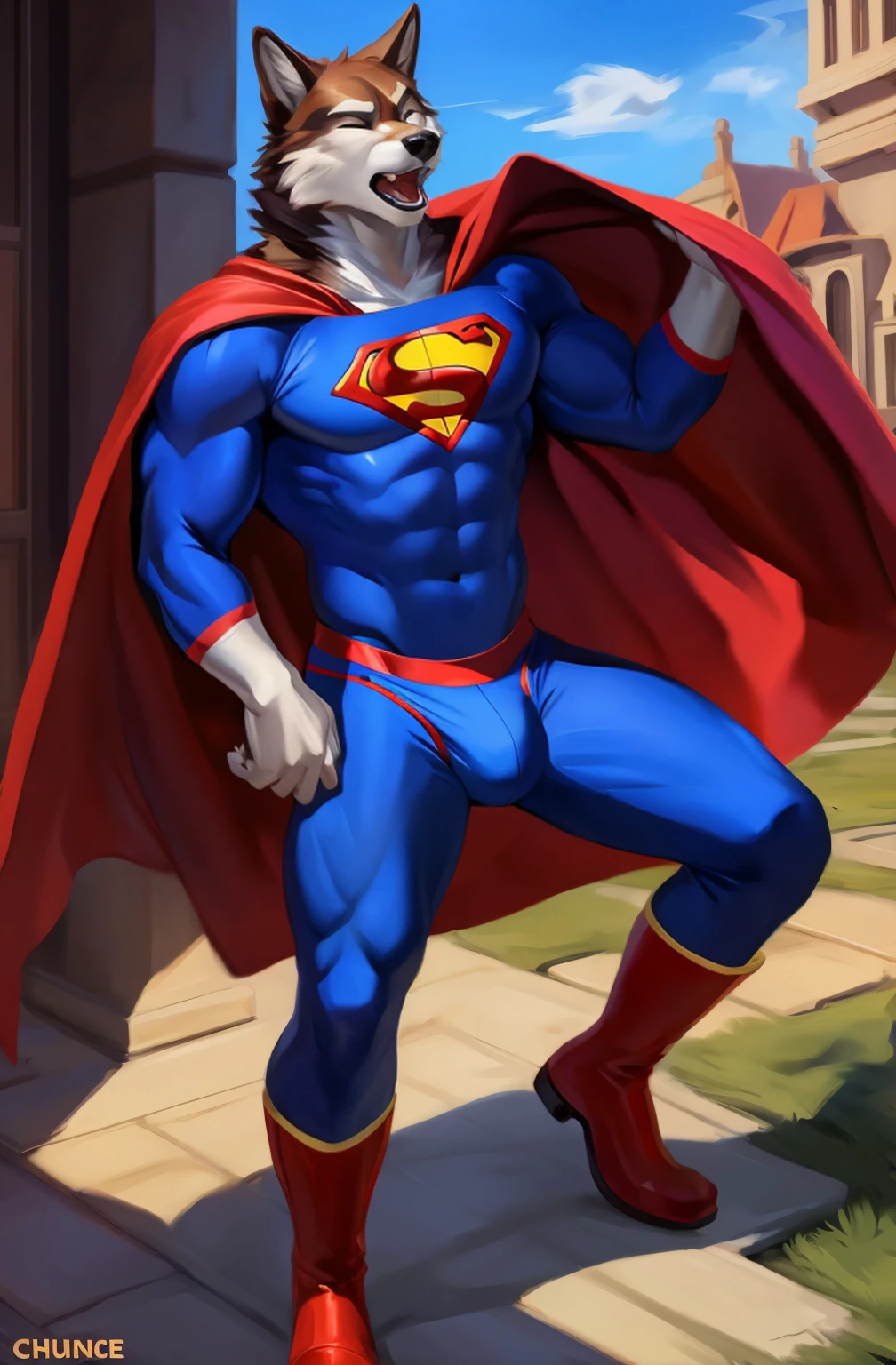 full hd, hi res, solo, male, brown fur color, wolf, muscular, tired expression, eye closed, slight open mouth, tight spandex bodysuit, superman costume, (solo: 1.1), (detailed), (masterpiece: 1.2), (fullbody), red long cape, red speedo, red boots, bulge, masturbating, detailed bulge, erection under the costume, precum through clothing, tail raised, by chunie