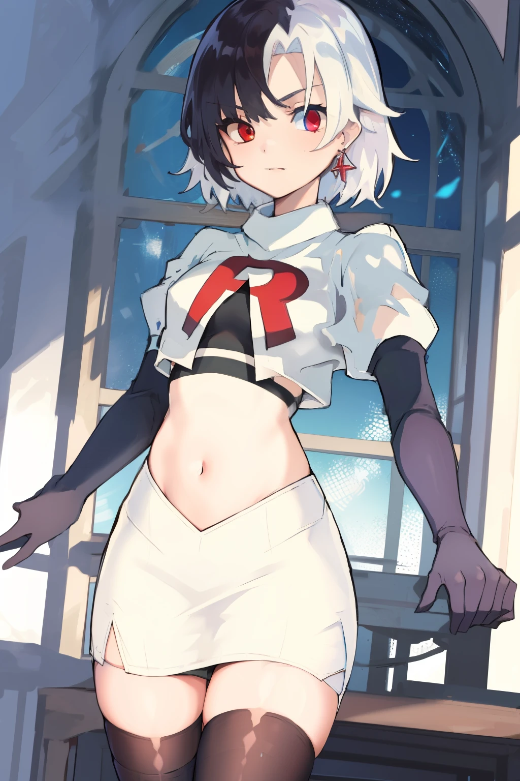 masterpiece, detailed, high quality, absurdres, penrose, 1girl, solo, heterochromia, red eyes, blue eyes, small breasts, curvy, cowboy shot, team rocket,team rocket uniform, red letter R, white skirt,white crop top,black thigh-highs, black elbow gloves,