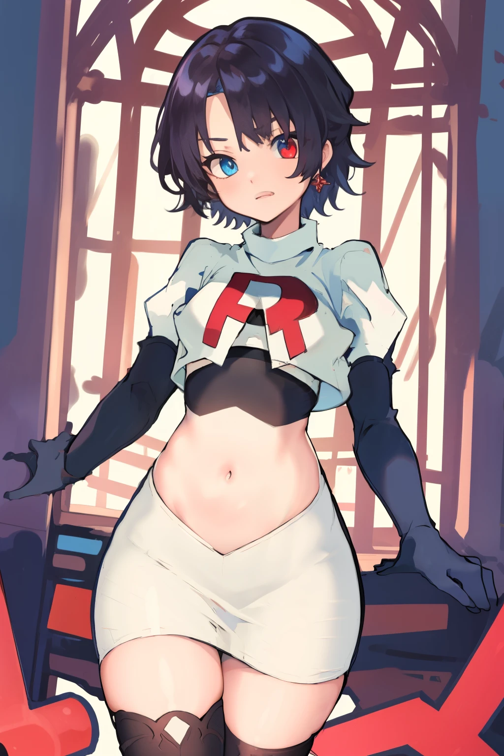 masterpiece, detailed, high quality, absurdres, penrose, 1girl, solo, heterochromia, red eyes, blue eyes, small breasts, curvy, cowboy shot, team rocket,team rocket uniform, red letter R, white skirt,white crop top,black thigh-highs, black elbow gloves,