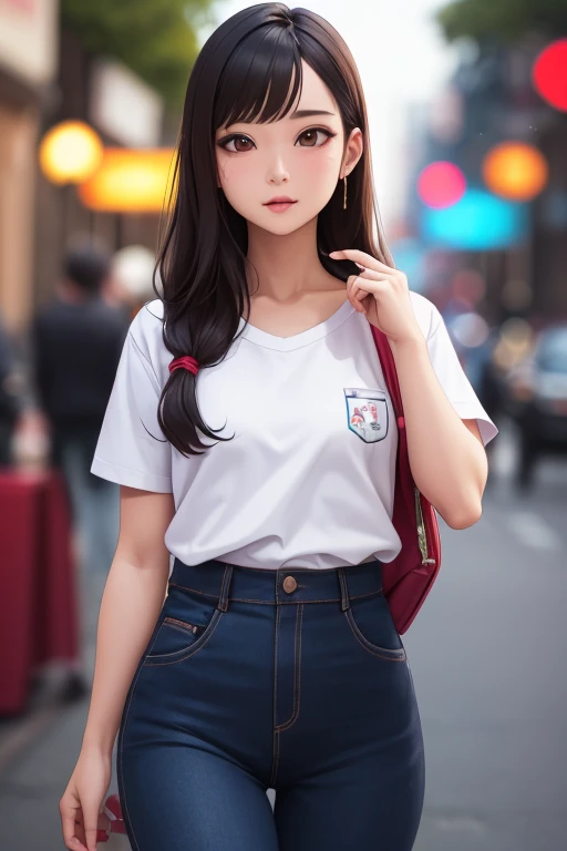 Mulher,Japanese,camisa azul,sem mangas,detalhes realistas, high resolution,Bokeh,detalhes pendentes