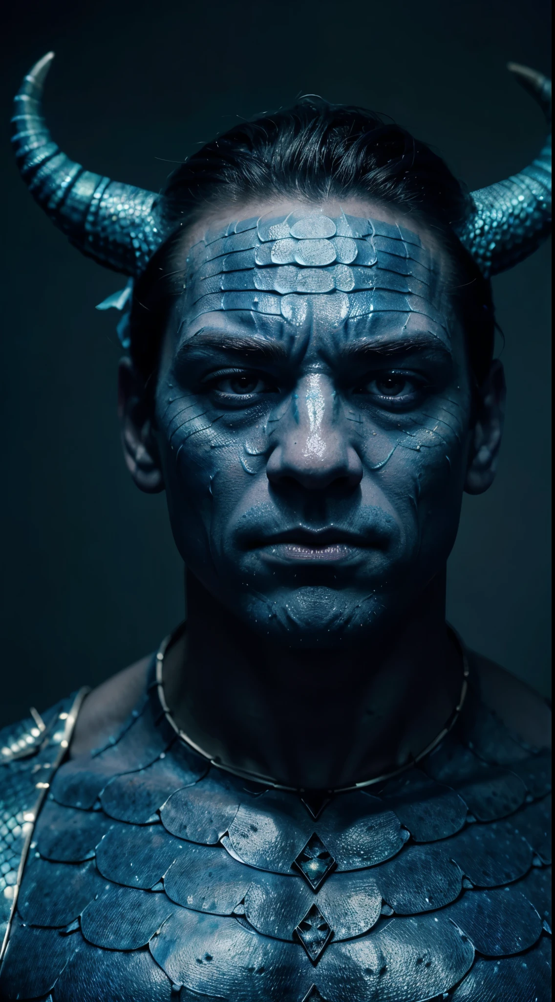 A man's face like Arnold's But there are blue scales around the face. Scales like dragon scales On the man's head were horns like dragon horns on both the left and right sides. Realistic images, clear at 8k level