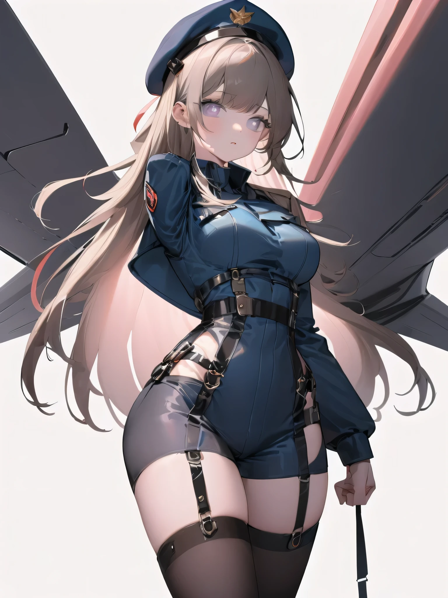 ((Best quality, 8K, Ultra-detailed, Masterpiece: 1.3)), 3 girl, Shiny skin, Sharp, Perfect body beauty, realistic shadow perfect body,("Dark grey and deep blue navy officer uniform,beret,futuristic,Transparent ":1.2),Big_Breasts ,Young girl, short girl,upper legs , indoors, White background,cleavage, standing arms down, fighter pilot harness,M legs， your ass, ("Dark Brown long hair, ahoge, black pupils dark purple eyes ,Sideswept parted hair":1.5), portrait shot,(" no background,no object":2),((light teal and light pink lighting))