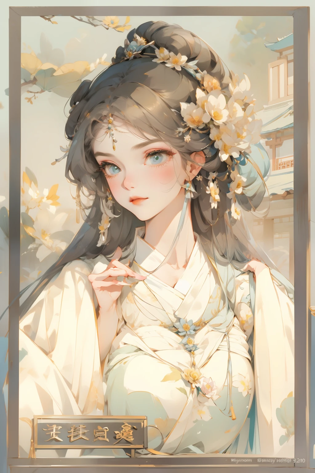 Close-up of woman with a flower in her hair, ((beautiful fantasy queen)), beautiful fantasy queen, palace , A girl wearing Hanfu, ancient chinese princess, beautiful figure painting, Inspired by Qiu Ying, Inspired by Lan Ying, Ancient China, Ancient China女神, Queen of China, Ancient China艺术风格, chinese princess