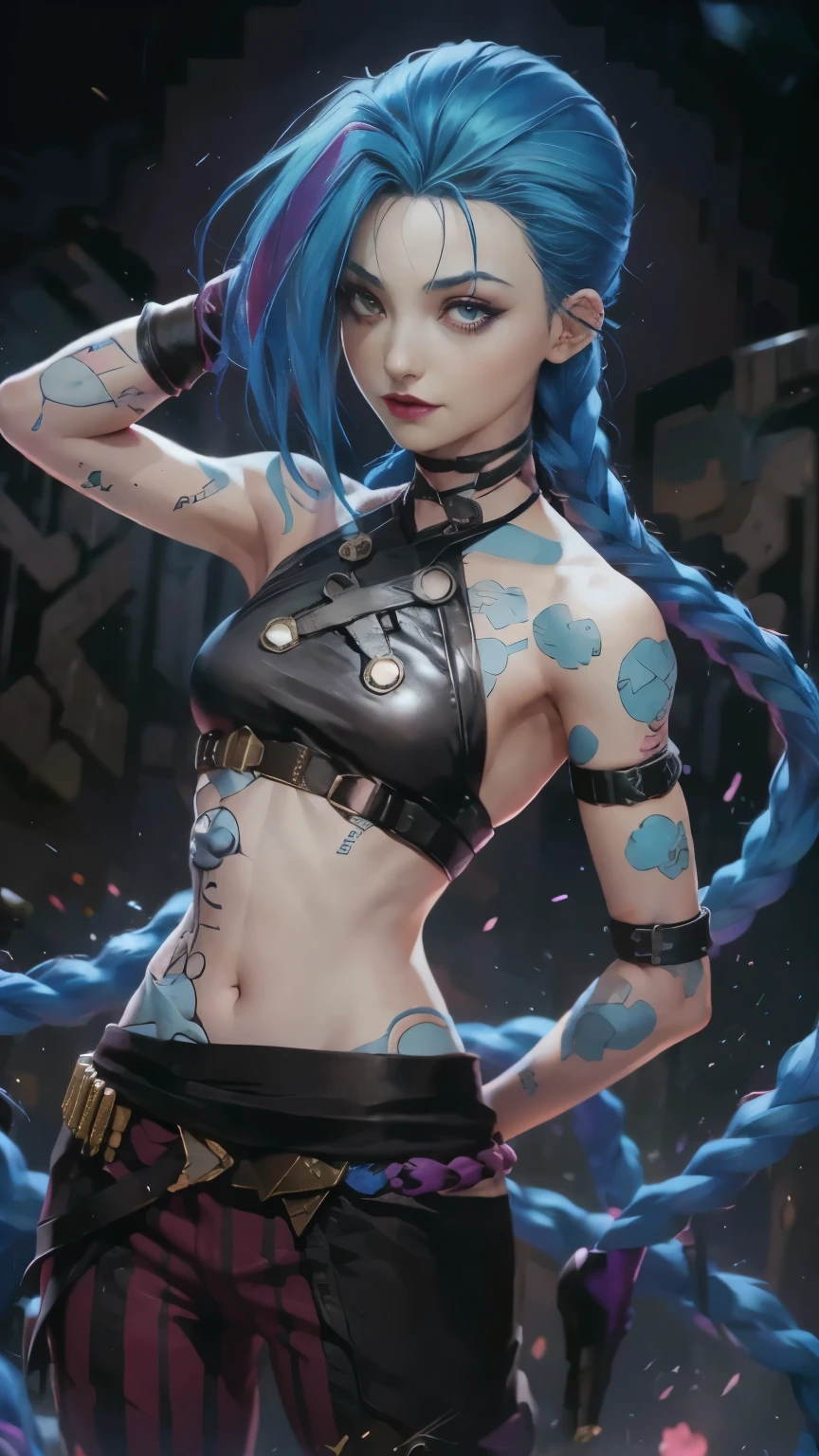 Garota de cabelo azul, Jinx, Arcane, Red lips, Arcano. Jinx, girl with twin braids and blue color, Jinx, Arcane, Jinx de Arcano, Jinx usa uma blusa marrom com um 'x' no meio sa blusa, Arcane, Jinx wears leather pants, estilos Arcane, Jinx, olhos de cor de rosa