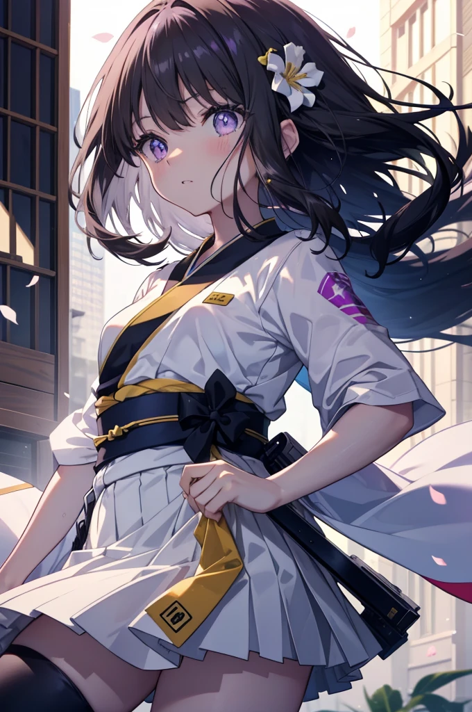 Takiinoue, Takina Inoue, long hair, bangs, black hair,Hana&#39;s hair ornament,tying back hair (purple eyes:1.2), (small breasts:1.2), white kimono(Floral),white furisode,blue mini skirt,White knee-high socks,short boots,In town,歩いてるbreak , Handgun holster on right calf,break indoors, break (masterpiece:1.2), highest quality, High resolution, unity 8k wallpaper, (figure:0.8), (beautiful and fine eyes:1.6), highly detailed face, perfect lighting, Very detailed CG, (perfect hands, perfect anatomy),