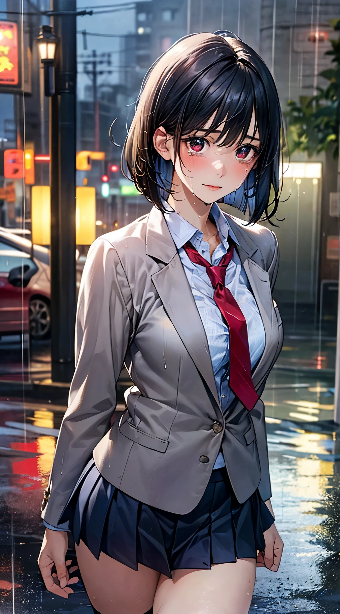 (masterpiece:1.2, top-quality), (realistic, photorealistic:1.4), beautiful illustration, (natural side lighting, movie lighting), 
looking at viewer, cowboy shot, front view, close-up, 1 girl, japanese, high school girl, perfect face, cute and symmetrical face, shiny skin, 
(short hair:1.2, bob cut:1.2, black hair), hairline, asymmetrical bangs, red eyes, long eyelasher, (large breasts:0.9, thick thighs), 
beautiful hair, beautiful face, beautiful detailed eyes, beautiful clavicle, beautiful body, beautiful chest, beautiful thigh, beautiful legs, beautiful fingers, 
((navy blazer, light blue collared shirts, navy pleated mini skirt, socks, red ribbon tie)), pink panties, 
(beautiful scenery), (((evening), rain:1.8, rainy, wet body)), cityscape, curtains, walking, hands on chest, (tearful, upper eyes), 