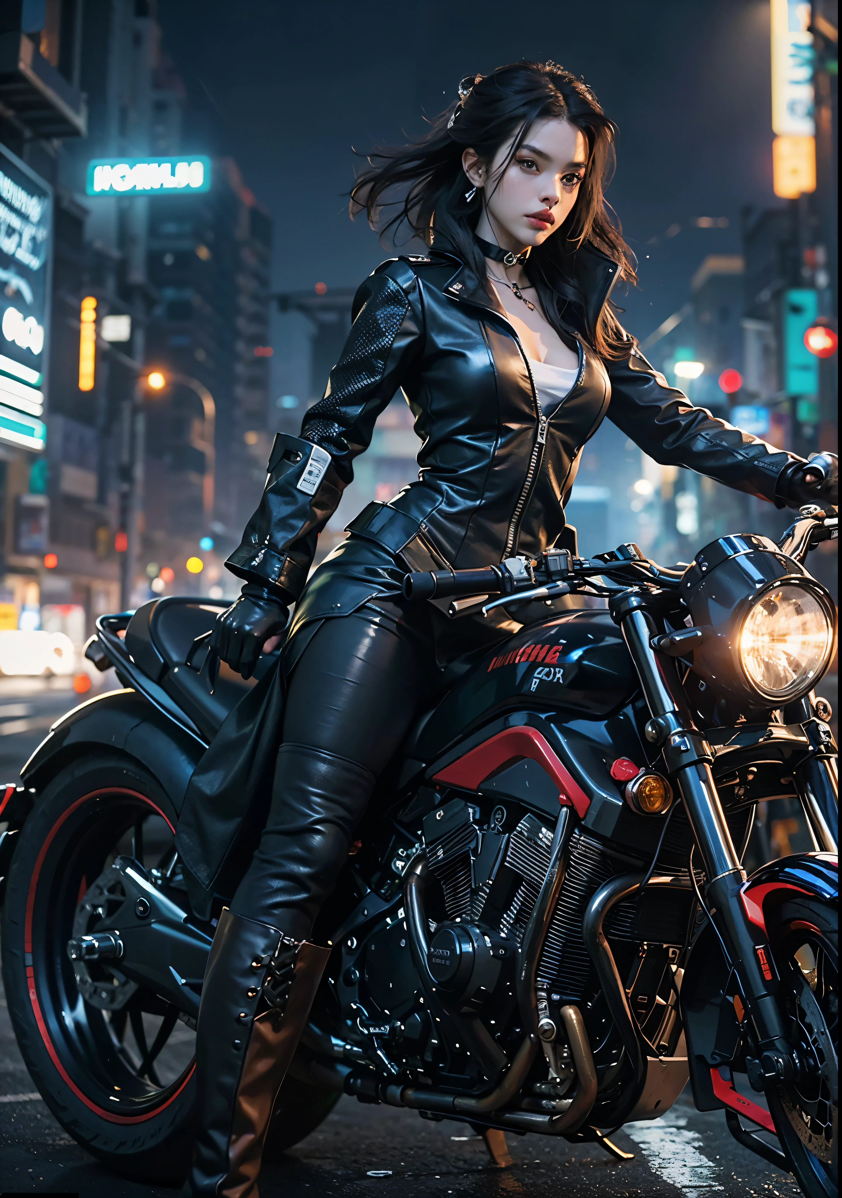 Huntress riding a high-tech motorcycle, Shoot high-tech cannons, Sparks from guns, (1 female, brown eyes, white skin, Twin-tailed black hair, choker, small breasts, skinny, lip whole, compensate, eyeliner, Russia), Wearing black one-piece leather armor, Long leather gloves, long Leather boots, In a cyberpunk town at night, (cyberpunk theme), (masterpiece, highest quality, 8K, sharp focus, written boundary depth, best shadows, perfect light, HDR, realistic skin texture, Ultra-detailed and detailed background), wide shot