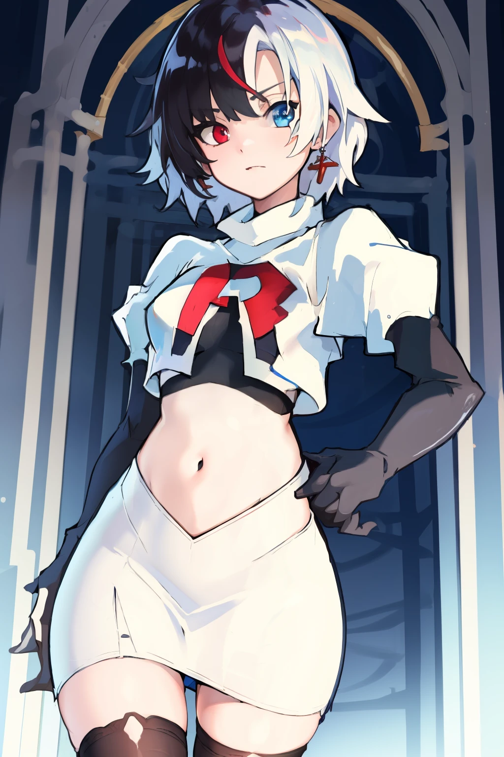 masterpiece, detailed, high quality, absurdres, penrose, 1girl, solo, heterochromia, red eyes, blue eyes, small breasts, curvy, cowboy shot, team rocket,team rocket uniform, red letter R, white skirt,white crop top,black thigh-highs, black elbow gloves,