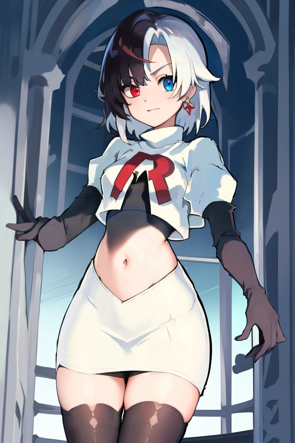 masterpiece, detailed, high quality, absurdres, penrose, 1girl, solo, heterochromia, red eyes, blue eyes, small breasts, curvy, cowboy shot, team rocket,team rocket uniform, red letter R, white skirt,white crop top,black thigh-highs, black elbow gloves,