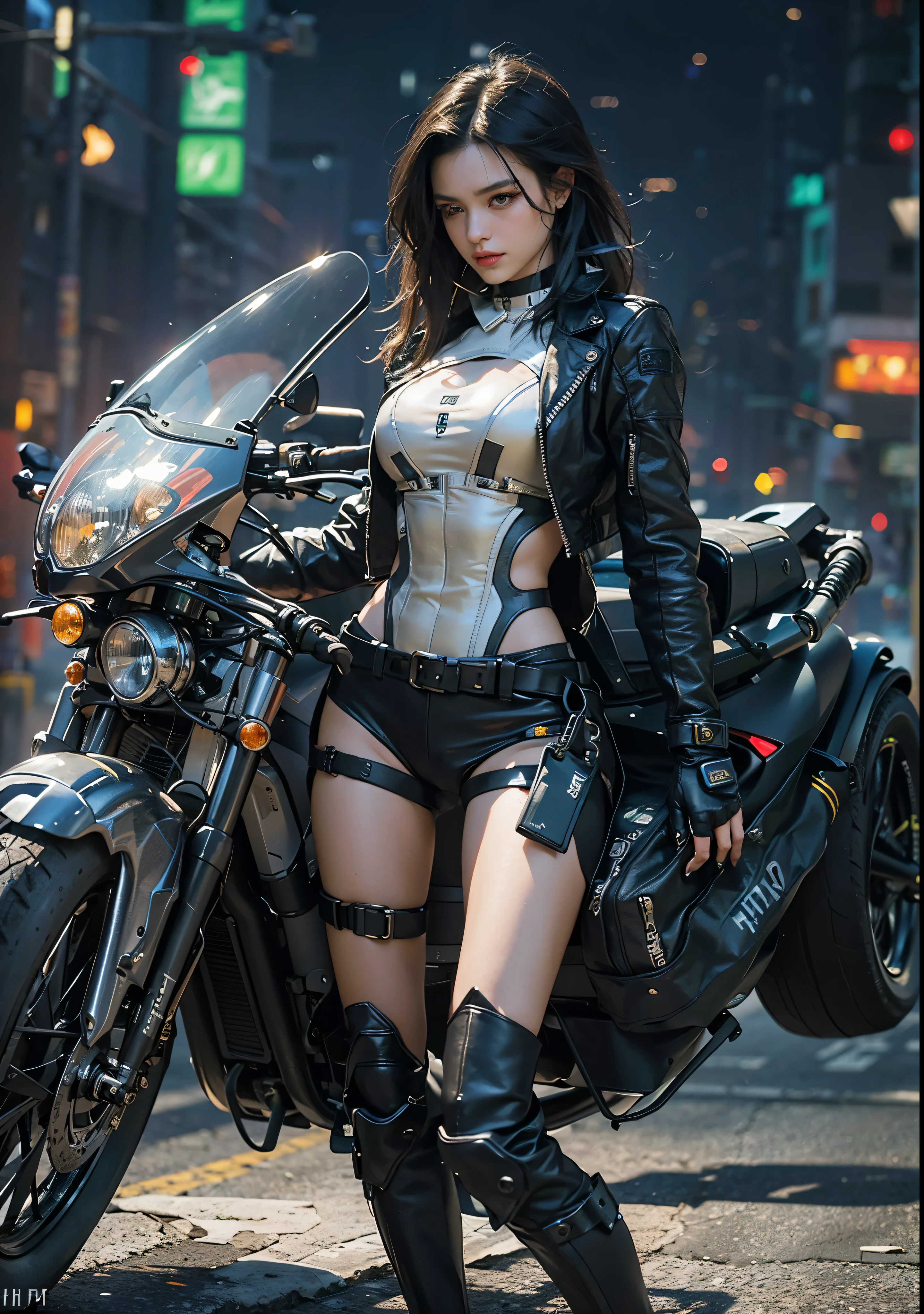 Huntress riding a high-tech motorcycle, Shoot high-tech cannons, Sparks from guns, (1 female, brown eyes, white skin, Twin-tailed black hair, choker, small breasts, skinny, lip whole, compensate, eyeliner, Russia), Wearing black one-piece leather armor, Long leather gloves, long Leather boots, In a cyberpunk town at night, (cyberpunk theme), (masterpiece, highest quality, 8K, sharp focus, written boundary depth, best shadows, perfect light, HDR, realistic skin texture, Ultra-detailed and detailed background), wide shot