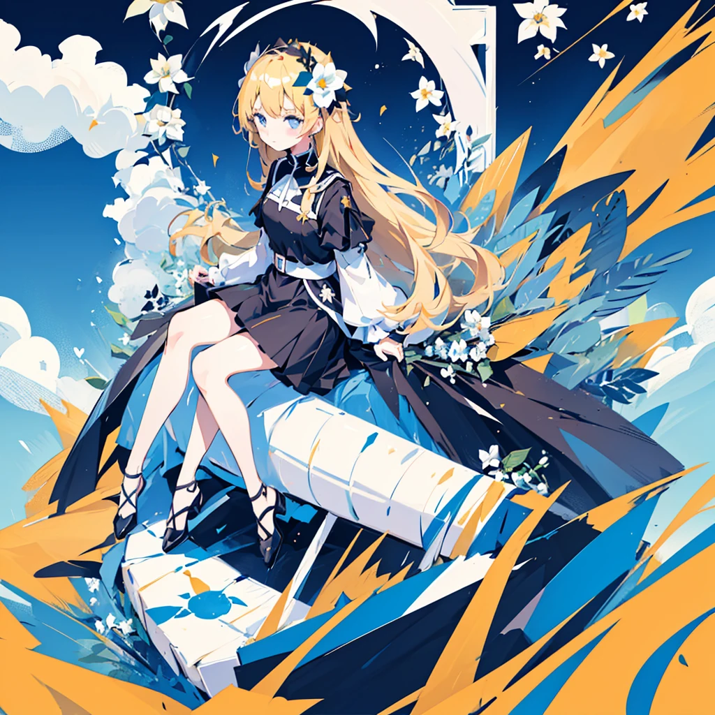 (1 girl, blonde hair, blue eyes, black sundress, cute, kawaii), (blue moon, white flower field), (low contrast, flat color, limited palette)