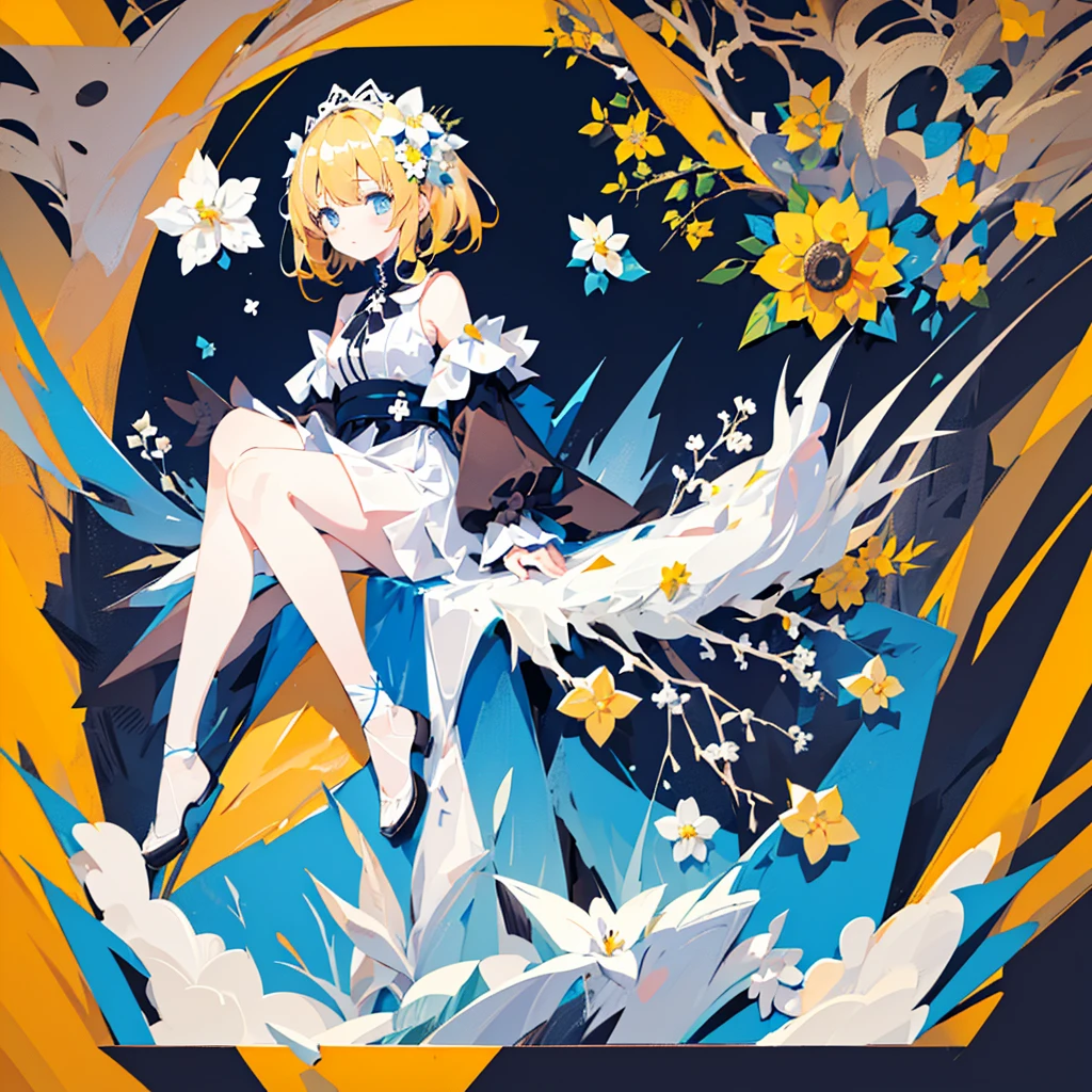 (1 girl, blonde hair, blue eyes, black sundress, cute, kawaii), (blue moon, white flower field), (low contrast, flat color, limited palette)