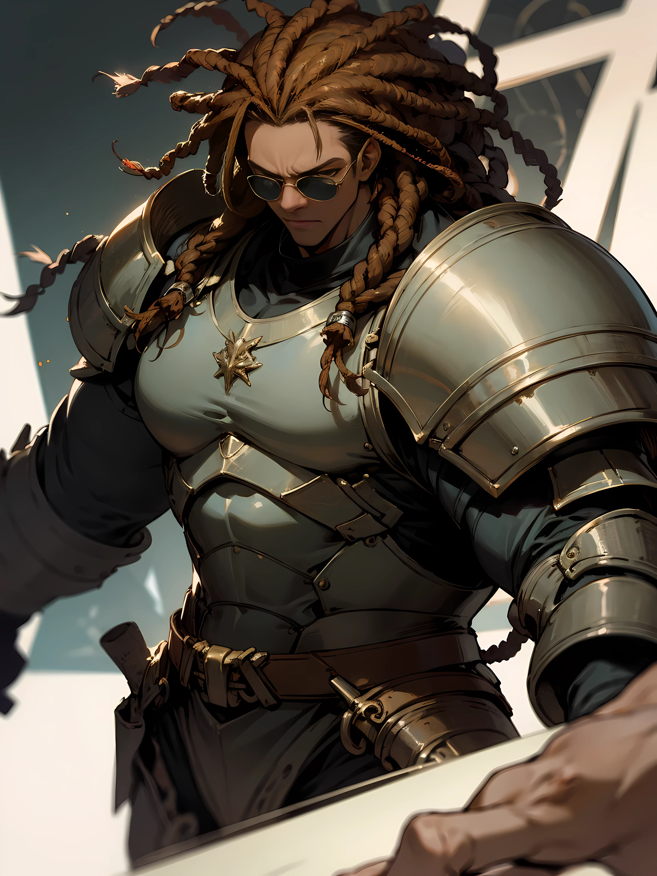 1man, adult, darkskin, dreads, sunglasses, heavy armor, muscular