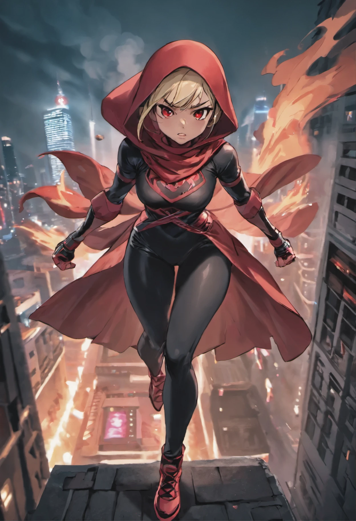 1 malay girl, solo,long big hijab, red eyes, medium hijab, superhero, superhero pose, red and black leotard, leggings, boots, top of building, very windy, city background, bokeh, nighttime, high quality, ultra detail, 8k, action pose, cinematic lighting, lot of smoke effect, dramatic action, style raw, 50mm lense, handheld shot camera angle, High Contrast cinematography effect, Natural Lighting, pastel color grading, hyper-detail photo,