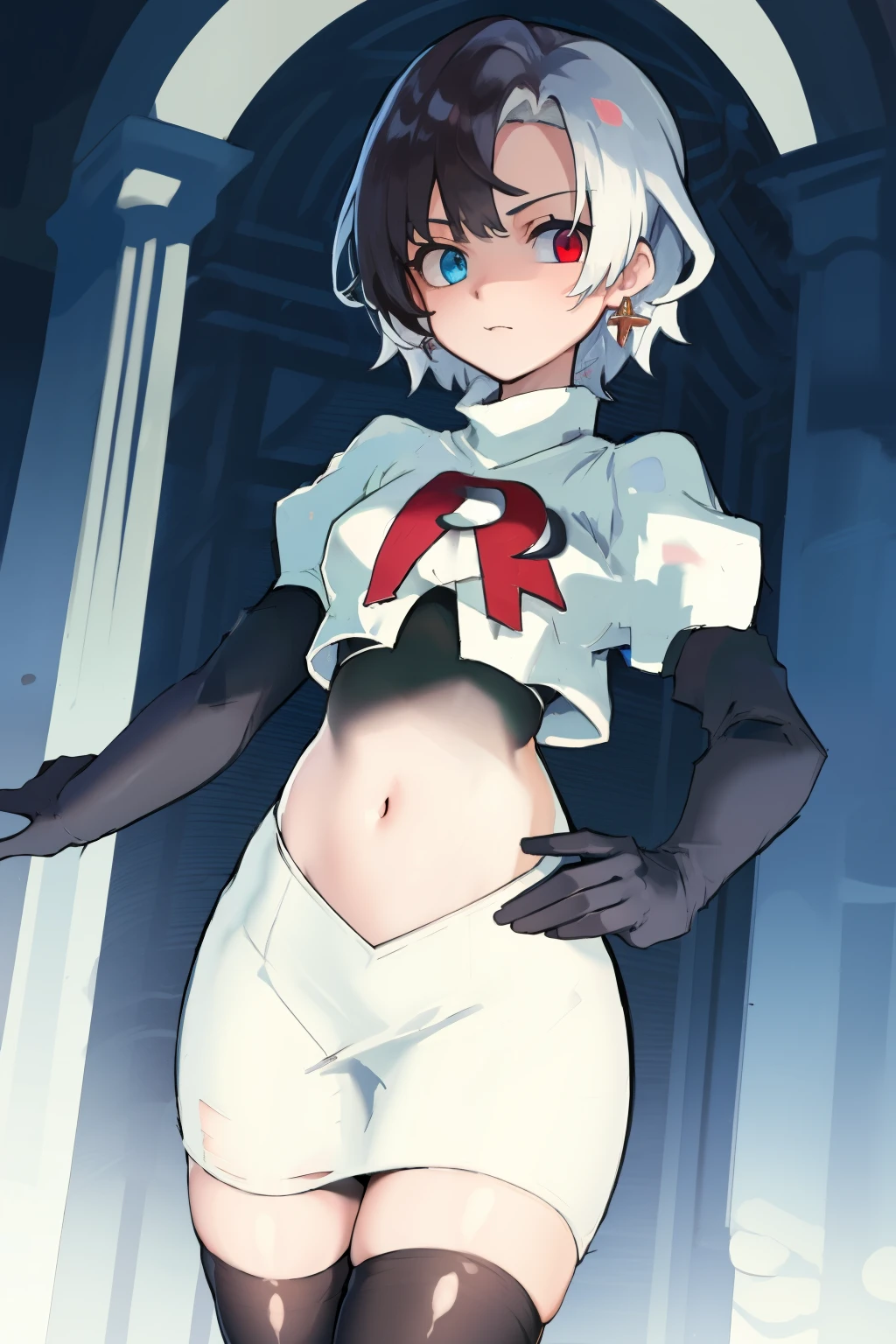 masterpiece, detailed, high quality, absurdres, penrose, 1girl, solo, heterochromia, red eyes, blue eyes, small breasts, curvy, cowboy shot, team rocket,team rocket uniform, red letter R, white skirt,white crop top,black thigh-highs, black elbow gloves,