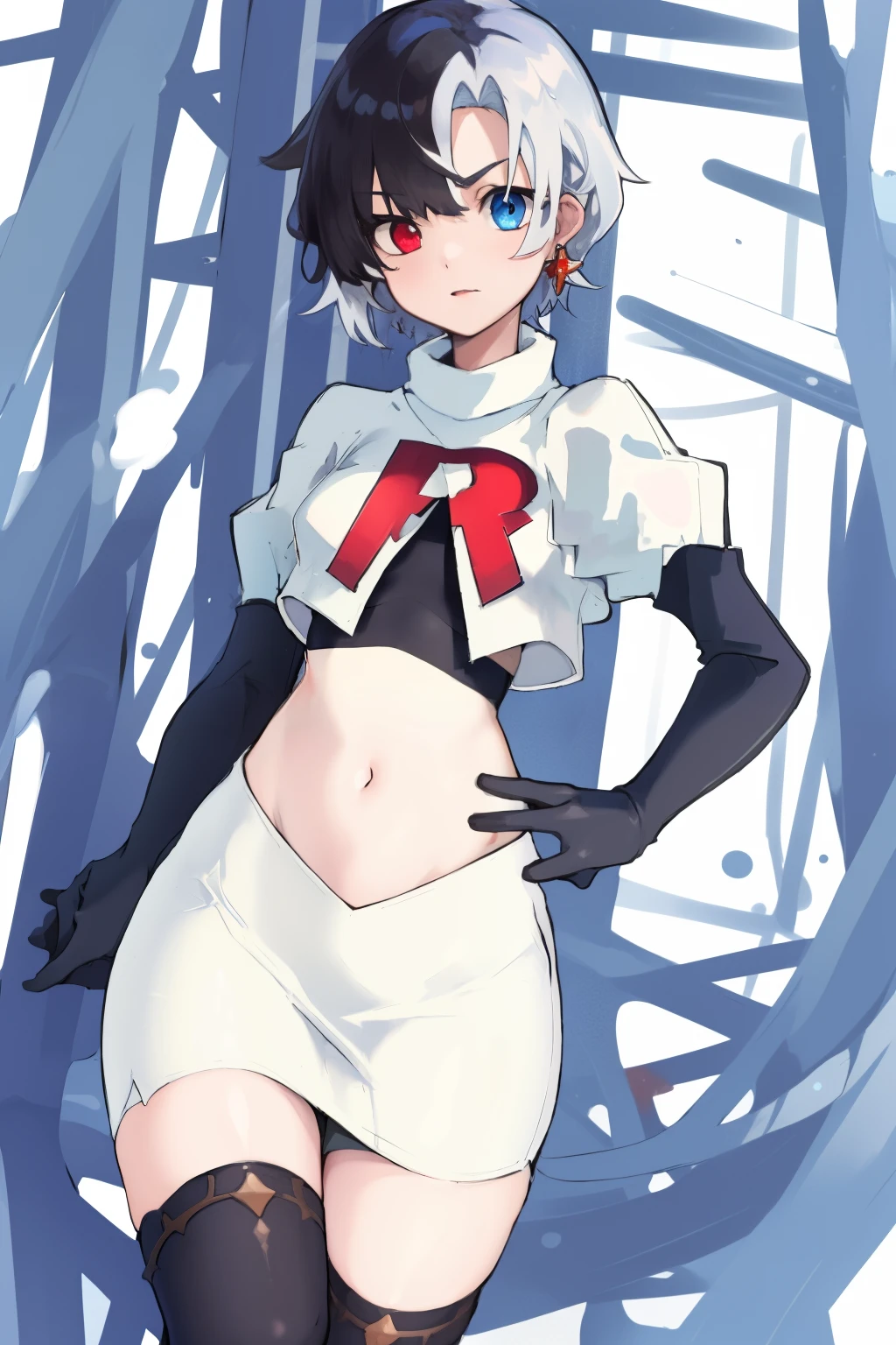 masterpiece, detailed, high quality, absurdres, penrose, 1girl, solo, heterochromia, red eyes, blue eyes, small breasts, curvy, cowboy shot, team rocket,team rocket uniform, red letter R, white skirt,white crop top,black thigh-highs, black elbow gloves,