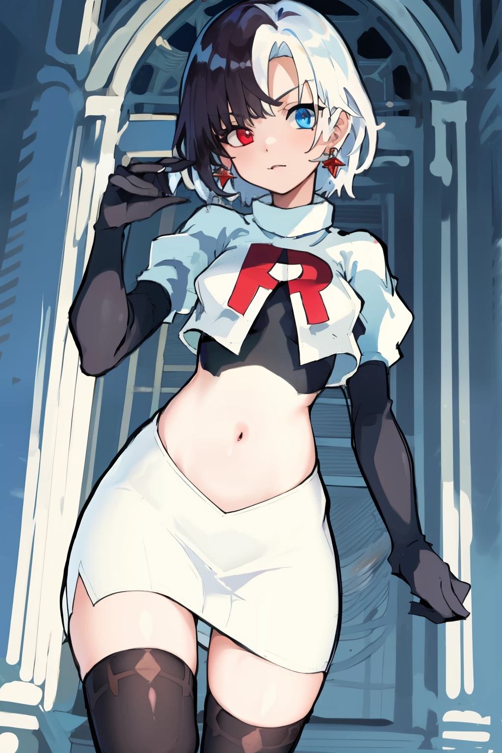 masterpiece, detailed, high quality, absurdres, penrose, 1girl, solo, heterochromia, red eyes, blue eyes, small breasts, curvy, cowboy shot, team rocket,team rocket uniform, red letter R, white skirt,white crop top,black thigh-highs, black elbow gloves,