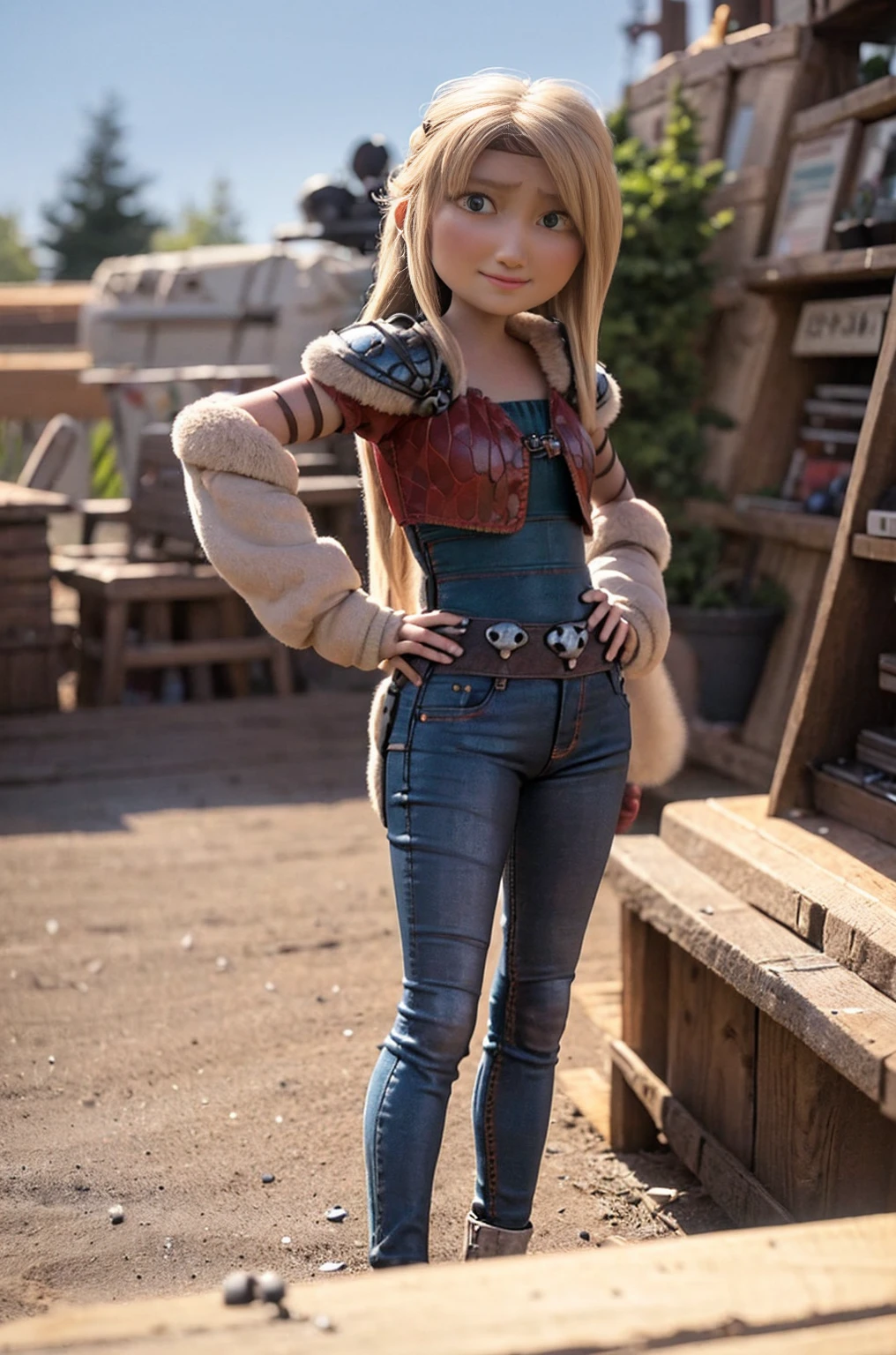 (masterpiece, best quality:1.2), cowboy shot, solo, 1girl, astrid hofferson, smile, closed mouth, looking at viewer, hand on hip, headband, armor, shoulder armor, pants, legs crossed