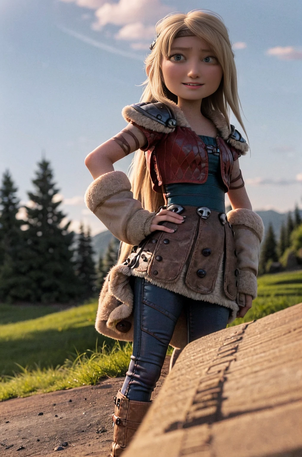 (masterpiece, best quality:1.2), cowboy shot, solo, 1girl, astrid hofferson, smile, closed mouth, looking at viewer, hand on hip, headband, armor, shoulder armor, pants, legs crossed