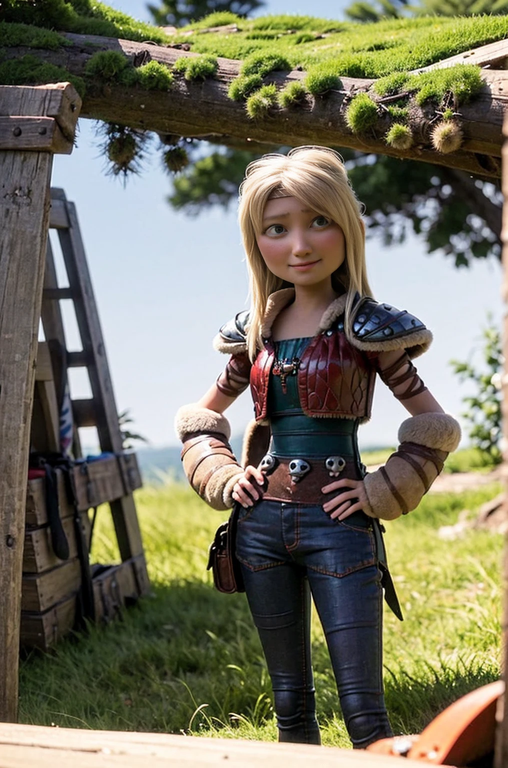 (masterpiece, best quality:1.2), cowboy shot, solo, 1girl, astrid hofferson, smile, closed mouth, looking at viewer, hand on hip, headband, armor, shoulder armor, pants, legs crossed