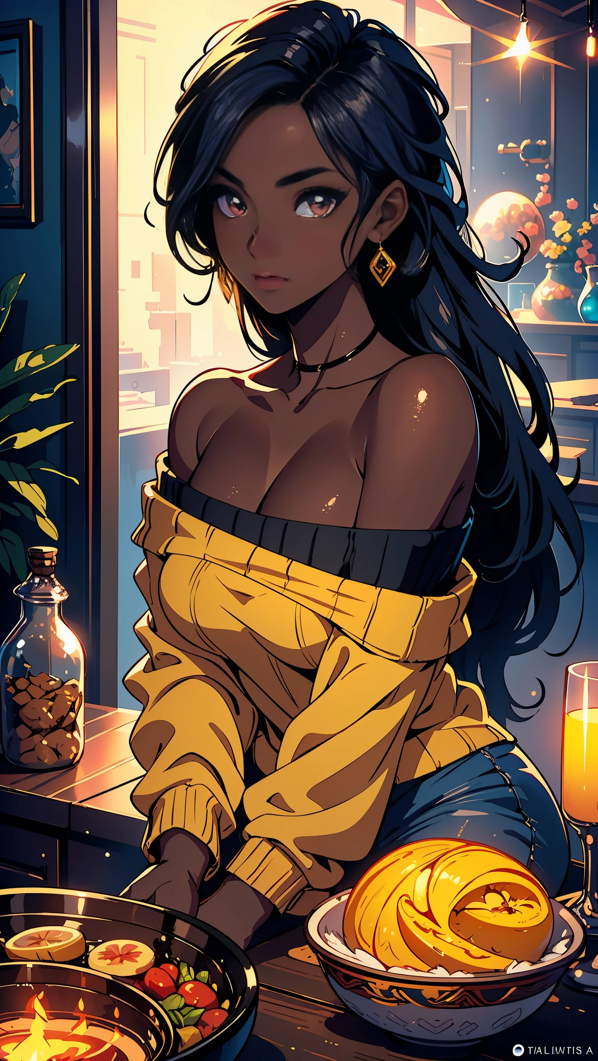 Upper body shot, ((beautiful woman with flawless dark skin)), long hair with glow electric colors, ebony nose, clearly defined facial features, big detailed eyes, ((( wearing an off the shoulder sweater))) exterior of a well furnished home in the background, masterpiece, best high quality image,96k, uhd, depth of field, 1080P wallpaper, spotlight, character focus, high quality, insanely detailed, ray tracing, octane render, UHD picture quality in the style of Amy Sol