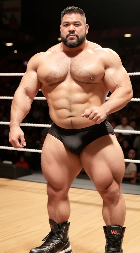 the only person，male，muscle wrestler，muscular，stout wrestler，Japan，uncle，45岁middle aged男子，short hair，short hair细节，wrestling boots，Sneakers body image，Panoramic figures，WWE ring，WWE professional wrestling，spotlight，shadow，Vision，orange color，gold  short-lived，40 years old，short beard，middle aged，Tattoos are，fingerless gloves，wheat colored skin，oily skin，dark skin，Show off your chest muscles，sumo wrestler，bodybuilder，short beard，wide temples，Serious，