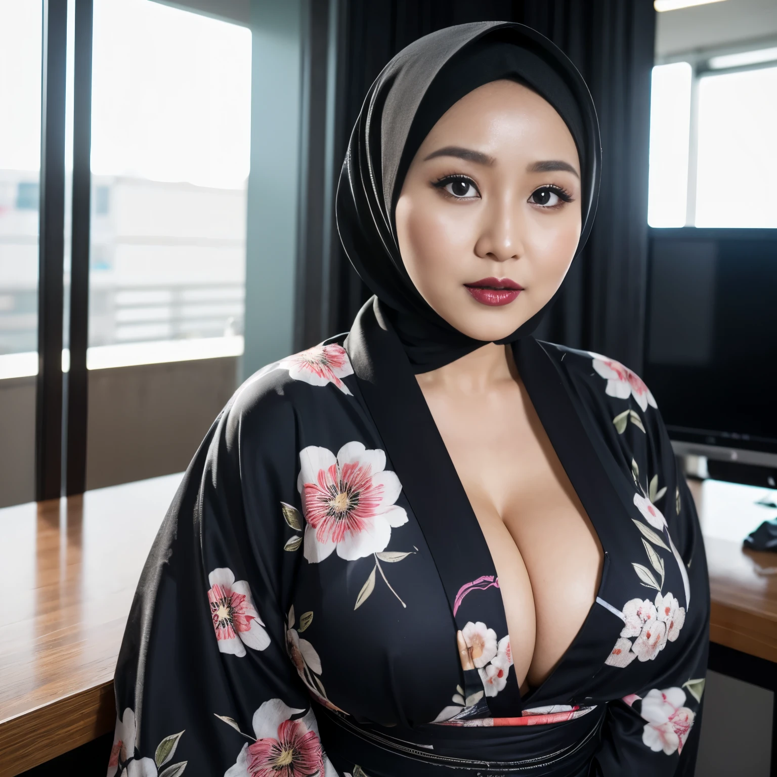 34 years Old, Hijab Indonesian MILF, Sugar Mama, Sensual Black lipstick, Ulta-Gigantic Tits : 158.9, Tight Yukata, Chubby body, at Office, Bright light, at Daytime