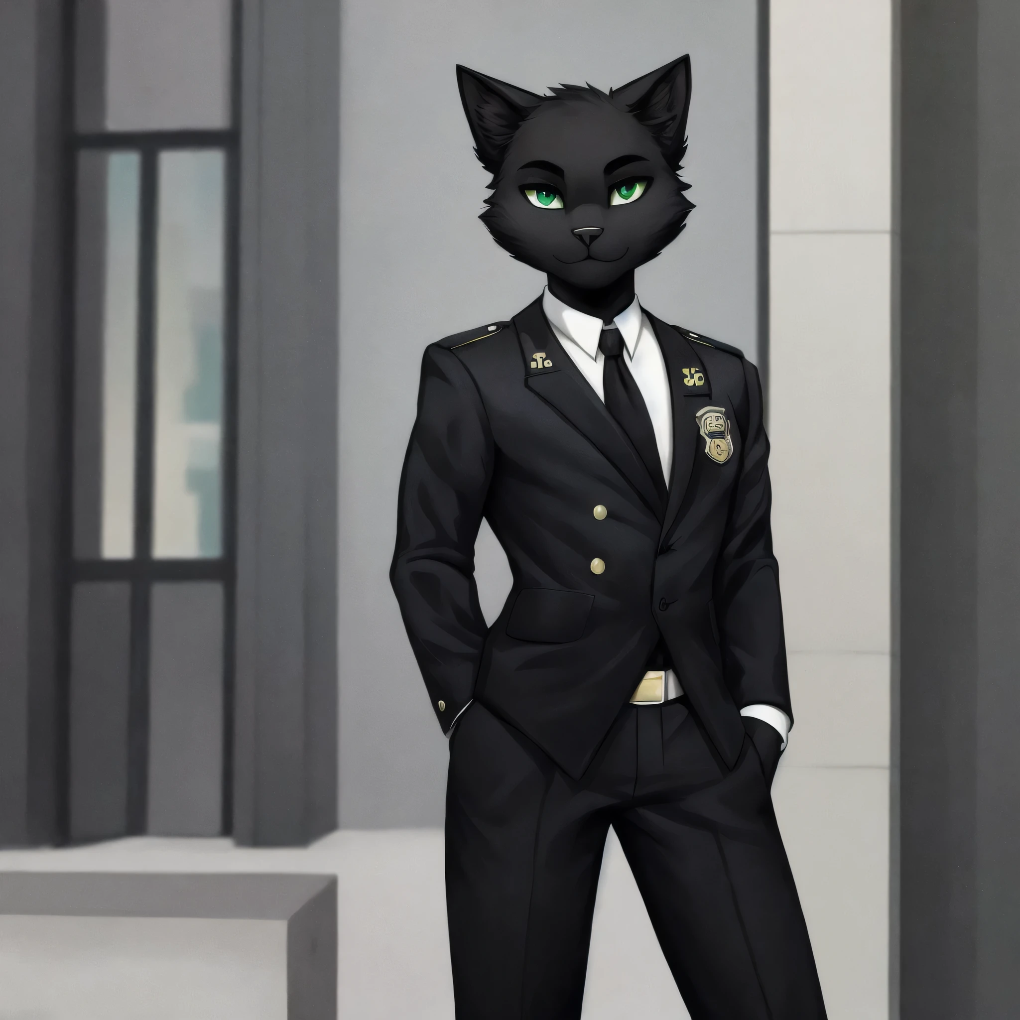 a sleek and slender anthropomorphic and bipedal black cat standing at a height of 6'1". His lithe and toned body exudes an air of grace and agility. His fur is a deep, velvety black, accentuating his elegant features. Felix's piercing green eyes hold a hint of mischief, reflecting his cunning nature. Felix dons a sharp and professional security guard outfit. The uniform consists of a well-fitted black blazer with a matching pair of trousers. A silver badge is pinned to his chest, symbolizing his authority. Completing the ensemble is a pair of polished black boots