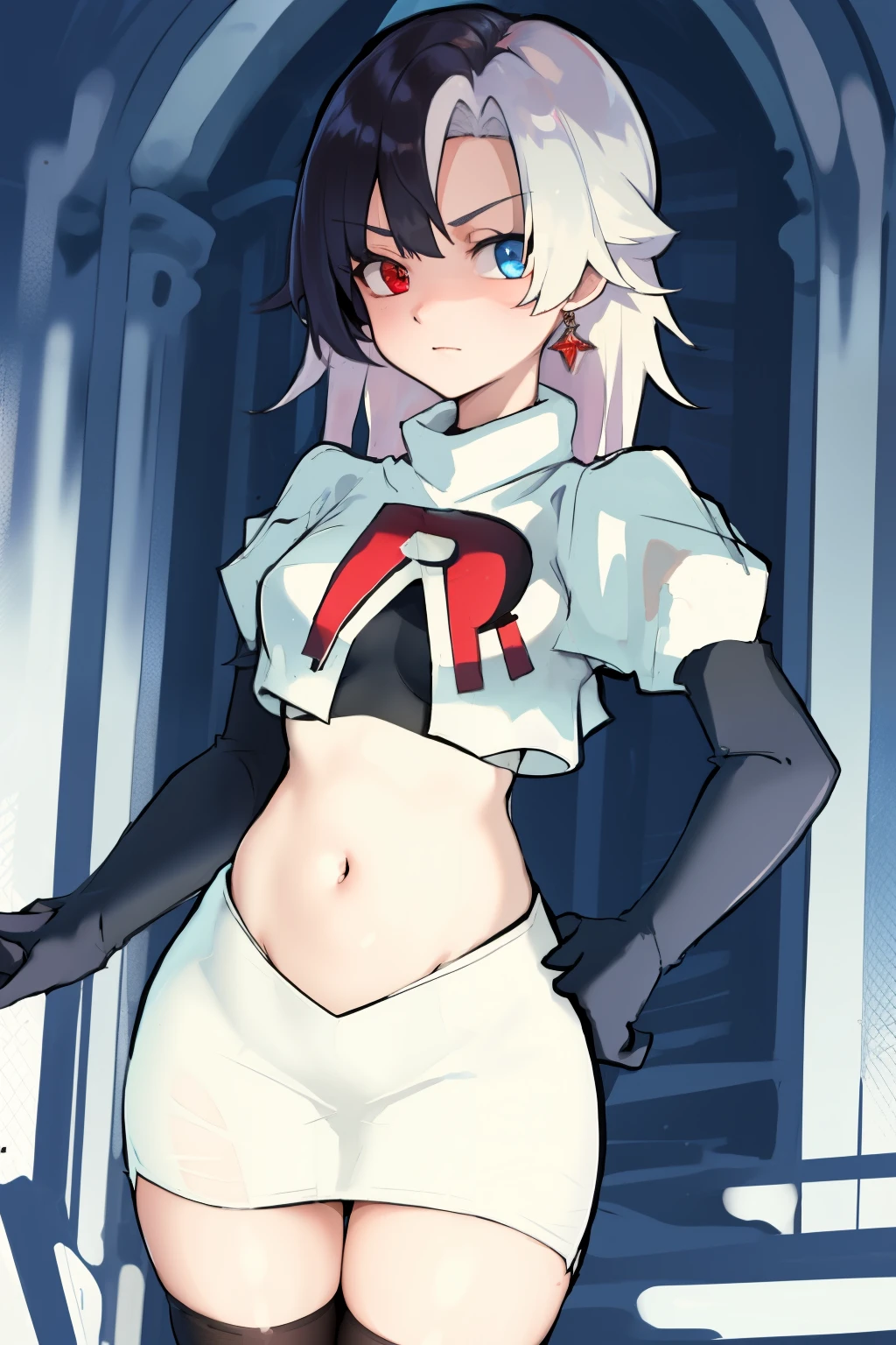 masterpiece, detailed, high quality, absurdres, penrose, 1girl, solo, heterochromia, red eyes, blue eyes, small breasts, curvy, cowboy shot, team rocket,team rocket uniform, red letter R, white skirt,white crop top,black thigh-highs, black elbow gloves,