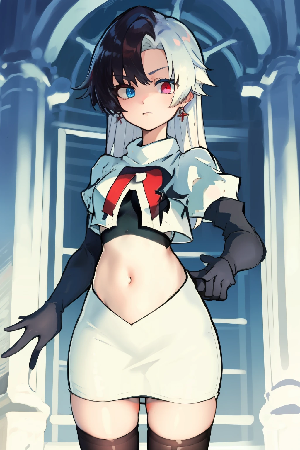 masterpiece, detailed, high quality, absurdres, penrose, 1girl, solo, heterochromia, red eyes, blue eyes, small breasts, curvy, cowboy shot, team rocket,team rocket uniform, red letter R, white skirt,white crop top,black thigh-highs, black elbow gloves,