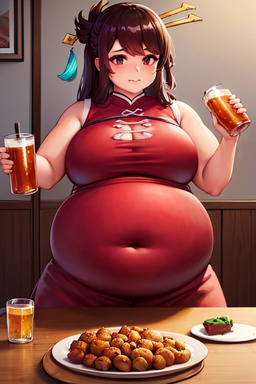 Fat, chubby, large belly, pregnant, obese, very fat, beidou, big belly, very fat, large stomach, chubby (best quality, masterpiece), thanksgiving, wearing sweater, grabbing belly, standing up, table with of food, table tons of food, lots of food, holding belly, table with food, standing, drinking beer