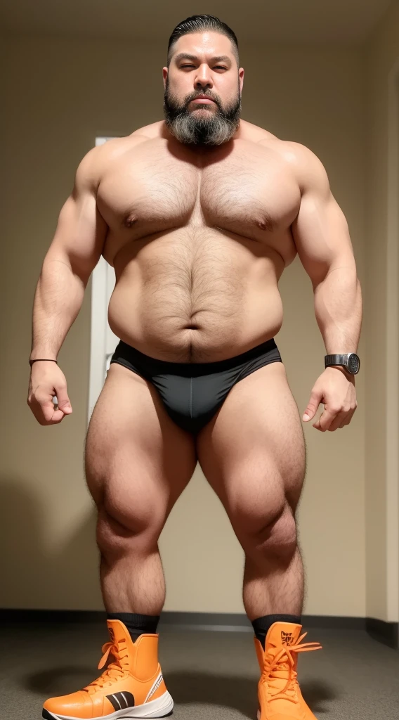 the only person,male,muscle wrestler,muscular,stout wrestler,Japan,uncle,45岁middle aged男子,short hair,short hair细节,wrestling boots,Sneakers body image,Panoramic figures,WWE ring,WWE professional wrestling,spotlight,shadow,Vision,orange color,gold short-lived,40 years old,short beard,middle aged,Tattoos are,fingerless gloves,wheat colored skin,oily skin,dark skin,Show off your chest muscles,sumo wrestler,bodybuilder,short beard,wide temples,Serious,