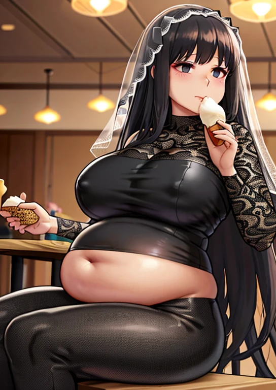 fat, big belly, chubby, osaragi, chubby, black lace dress, black veil, holding   icecream in a restaurant, sitting, table with desserts, grabbing her belly