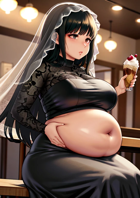 fat, big belly, chubby, osaragi, chubby, black lace dress, black veil, holding icecream in a restaurant, sitting, table with desserts, grabbing her belly