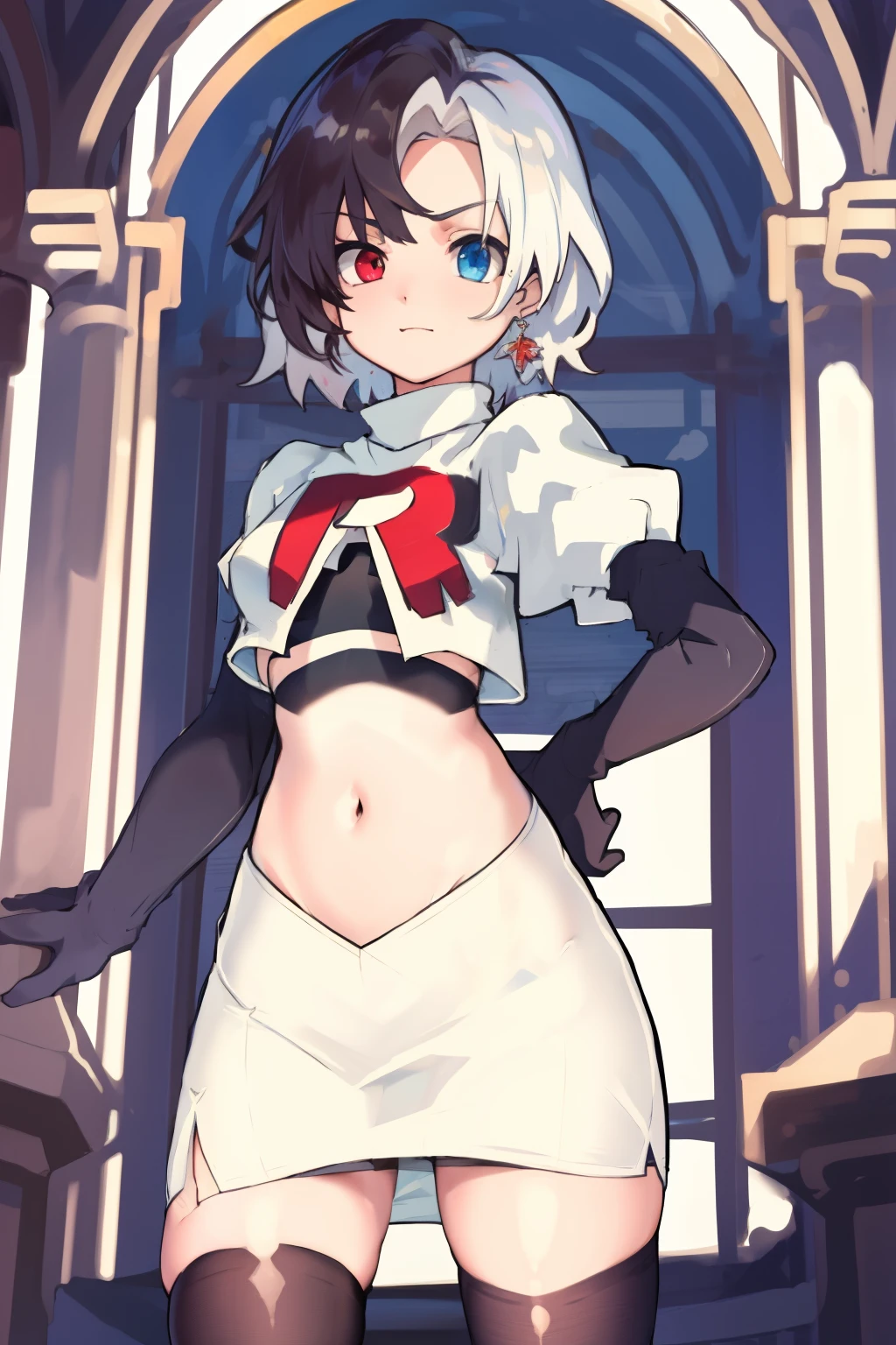 masterpiece, detailed, high quality, absurdres, penrose, 1girl, solo, heterochromia, red eyes, blue eyes, small breasts, curvy, cowboy shot, team rocket,team rocket uniform, red letter R, white skirt,white crop top,black thigh-highs, black elbow gloves,