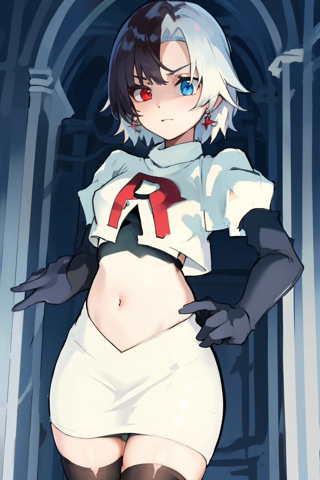 masterpiece, detailed, high quality, absurdres, penrose, 1girl, solo, heterochromia, red eyes, blue eyes, small breasts, curvy, cowboy shot, team rocket,team rocket uniform, red letter R, white skirt,white crop top,black thigh-highs, black elbow gloves,