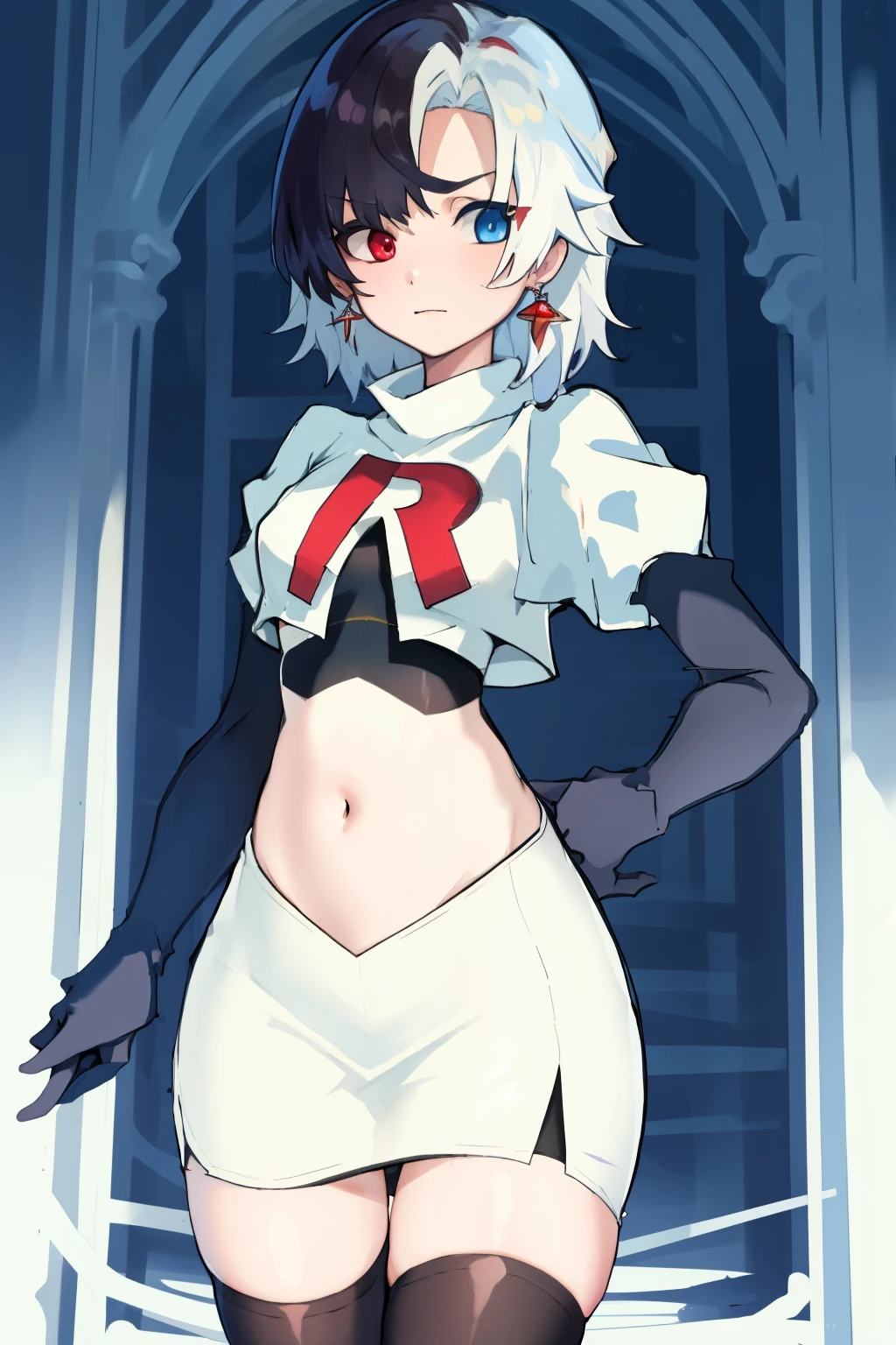 masterpiece, detailed, high quality, absurdres, penrose, 1girl, solo, heterochromia, red eyes, blue eyes, small breasts, curvy, cowboy shot, team rocket,team rocket uniform, red letter R, white skirt,white crop top,black thigh-highs, black elbow gloves,