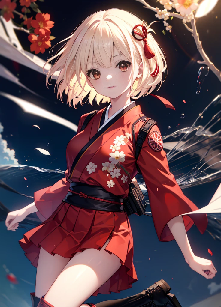 Chisato Nishikigi, Chisato Nishikigi, short hair, bangs, blonde, (red eyes:1.5), flower hair ornament, one side up, bob cut,Red kimono(Floral pattern),red furisode,black mini skirt,Black Knee High Socks,short boots,Handgun holster on left calf,smile,whole body,In town、歩いてる
break looking at viewer, break (masterpiece:1.2), highest quality, High resolution, unity 8k wallpaper, (figure:0.8), (beautiful and detailed eyes:1.6), highly detailed face, perfect lighting, Very detailed CG, (perfect hands, perfect anatomy),
