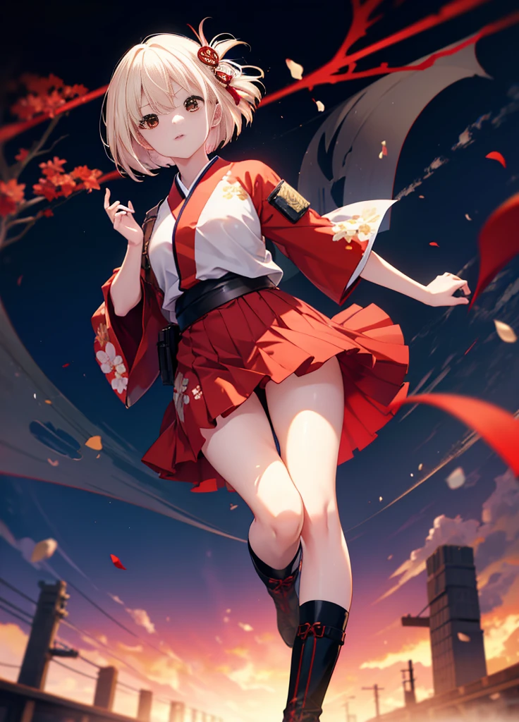 Chisato Nishikigi, Chisato Nishikigi, short hair, bangs, blonde, (red eyes:1.5), flower hair ornament, one side up, bob cut,Red kimono(Floral pattern),red furisode,black mini skirt,Black Knee High Socks,short boots,Handgun holster on left calf,smile,whole body,In town、歩いてる
break looking at viewer, break (masterpiece:1.2), highest quality, High resolution, unity 8k wallpaper, (figure:0.8), (beautiful and detailed eyes:1.6), highly detailed face, perfect lighting, Very detailed CG, (perfect hands, perfect anatomy),