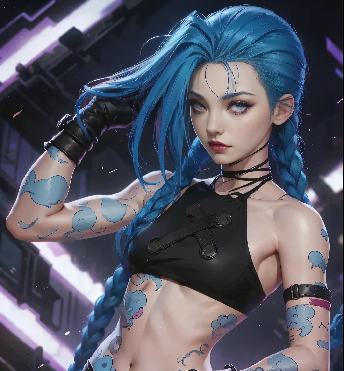 Garota de cabelo azul, Jinx, Arcane, Red lips, Arcano. Jinx, girl with twin braids and blue color, Jinx, Arcane, Jinx de Arcano, Jinx usa uma blusa marrom com um 'x' no meio sa blusa, Arcane, Jinx wears leather pants, estilos Arcane, Jinx, olhos de cor de rosa