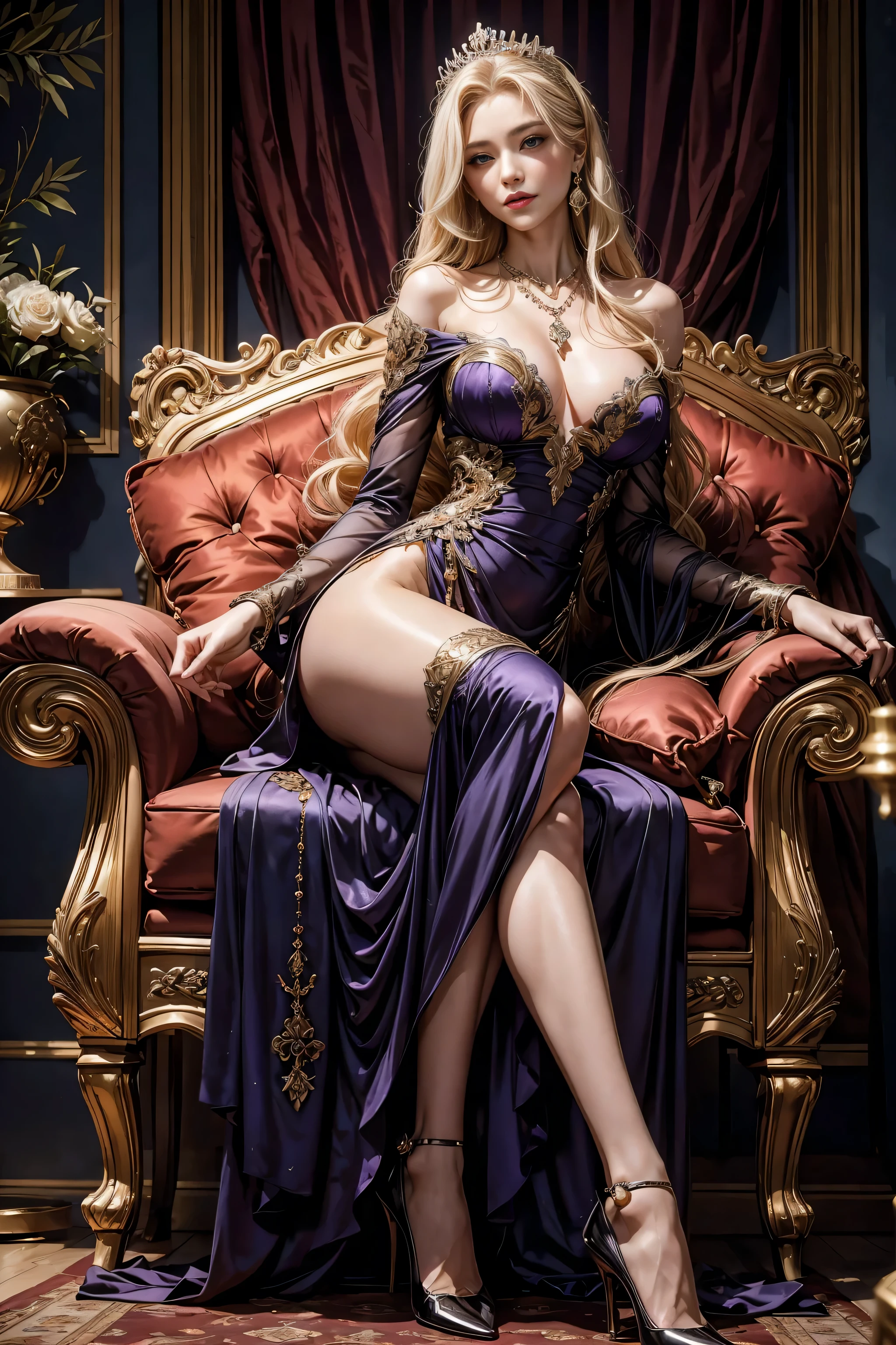 a very beautiful vampire girl,A very mature and beautiful girl,Mature ladies,Royal sister temperament,Supermodel temperament,European aristocrats气质,alone,in the ancient palace,European antique style bedroom decoration,Dark purple toast skirt,sequin dress,fishtail toast skirt,European aristocrats吸血鬼,Strappy pointed toe high heels,jewelry,earrings,necklace,bracelet(Extremely exquisite and beautiful work:1.1)a very beautiful woman,Have perfect body proportions,Tight body lines,Perfect body curveoist skin feeling,clear skin texture(Advanced skin details:1.1)supermodel perfect face,red lips,charming smile,Exquisite facial features,long golden hair,Clear and fine hair texture(Premium hair details:1.1),red pupils,Clear and refined eye details,Beautiful and exquisite眼妆,(Advanced eye detail:1.1)The optimal ratio of four fingers to one thumb.Beautiful and exquisite,Feet with perfectly proportioned thighs and calves,,Royal sister style,Royal Sister Series,vampire series,European aristocrats,Dark purple series,Toast clothing series,sequin dress,Dark purple dress series,Horizontal photography,perfect work of art,Super real的复杂细节,best work,best picture quality,Super fine,very high resolution,Full body photography of one person,Super real,Cover photo,professional lighting ,Professional dimming,perfect god,Exquisite details、Complex works
