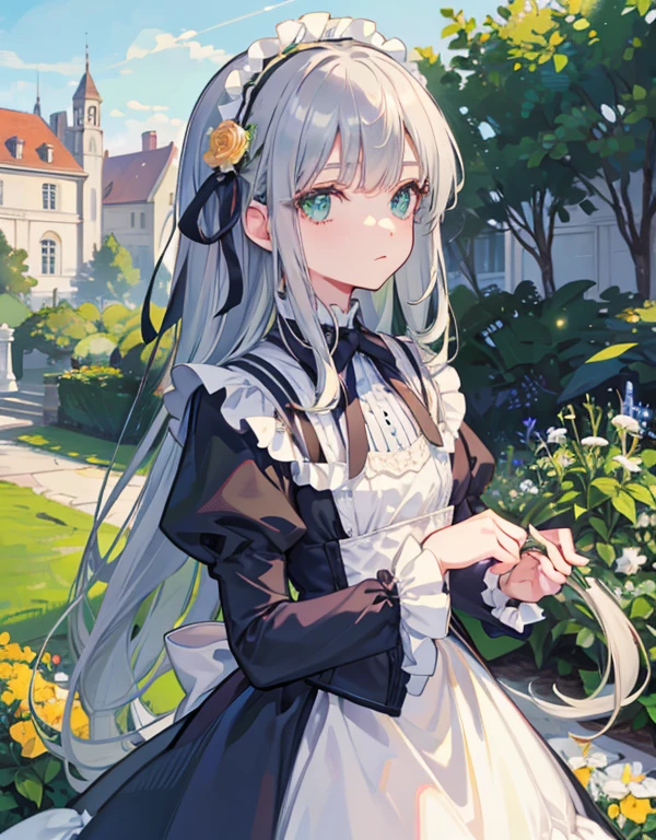 masterpiece, garden, blue sky, grey hair, long hair, long eyelashes, green eyes, ribbon in hair, gentle expression, floral ornament, bangs bangs bangs, lolita fashion