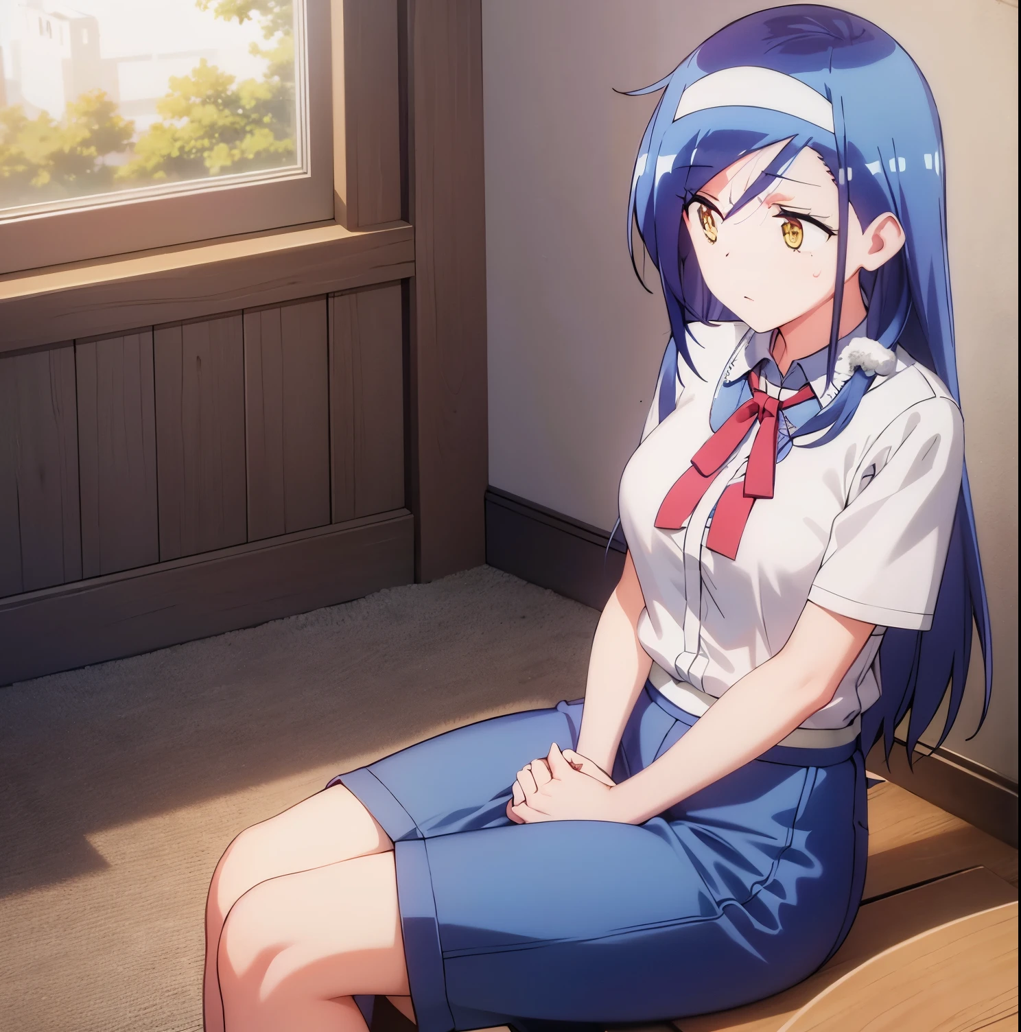 ((masterpiece)), ((Best quality)), (ultra detailed), anime style, a cute girl, 1 girl, Alone, Fumino Furuhashi, long hair, blue hair, yellow eyes, small breasts, medium waist, hips medium-sized, wide thighs, short sports shirt, blue shirt, short sports pants, black pants, sitting, bedroom, legs open, sweaty, embarrassed, tired expression, open bib, good anatomy, good hands, good lighting, sunset, open window with exterior wing view