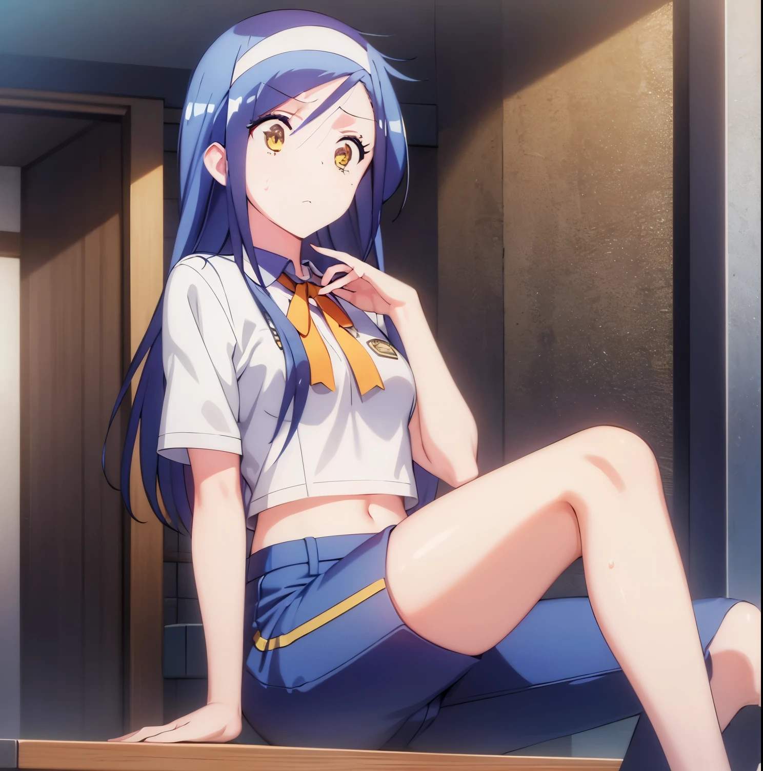 ((masterpiece)), ((Best quality)), (ultra detailed), anime style, a cute girl, 1 girl, Alone, Fumino Furuhashi, long hair, blue hair, yellow eyes, small breasts, medium waist, hips medium-sized, wide thighs, short sports shirt, blue shirt, short sports pants, black pants, sitting, bedroom, legs open, sweaty, embarrassed, tired expression, open bib, good anatomy, good hands, good lighting, sunset, open window with exterior wing view