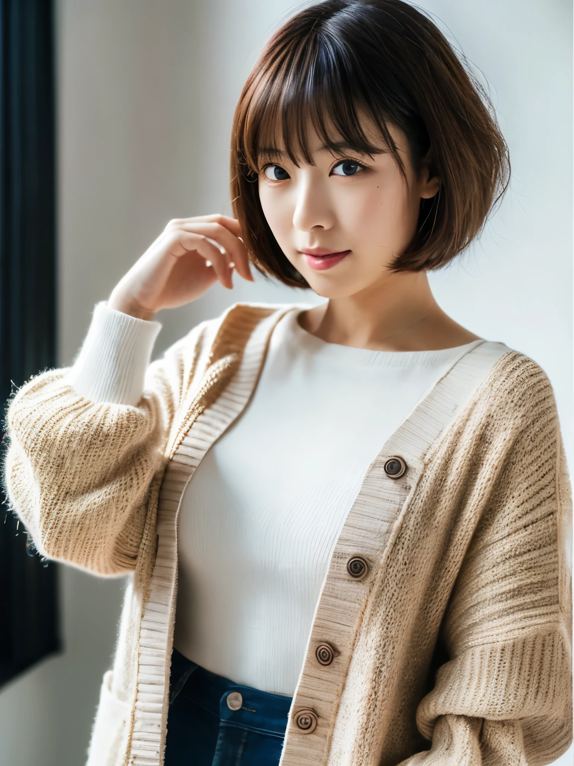 ((masutepiece,top-quality)), (photographrealistic:1.4),((masutepiece,8K)),hight resolution,Studio Soft Light, Rim Lights, vibrant detail, realistic skin textures,Japanese, 1 beautiful woman, Short hair, Wave hair, faint thin bangs, make - up, 38 years, Detailed skin, cardigan, wide-leg pants, White background, White Room,white walls, fully body photo, Looking at Viewer