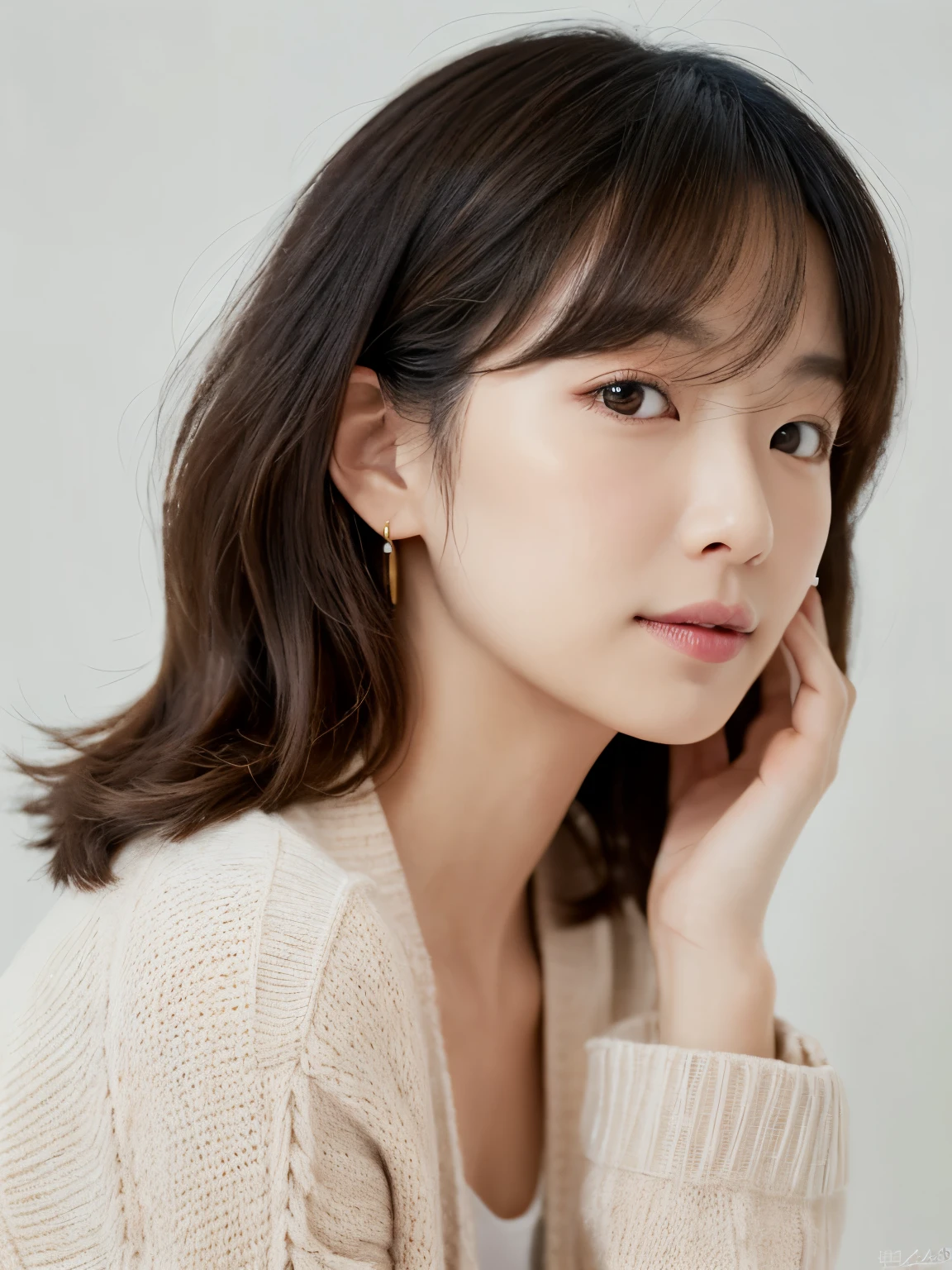 ((masutepiece,top-quality)), (photographrealistic:1.4),((masutepiece,8K)),hight resolution,Studio Soft Light, Rim Lights, vibrant detail, realistic skin textures,Japanese, 1 beautiful woman, Short hair, Wave hair, faint thin bangs, make - up, 38 years, Detailed skin, cardigan, wide-leg pants, White background, White Room,white walls, fully body photo, Looking at Viewer