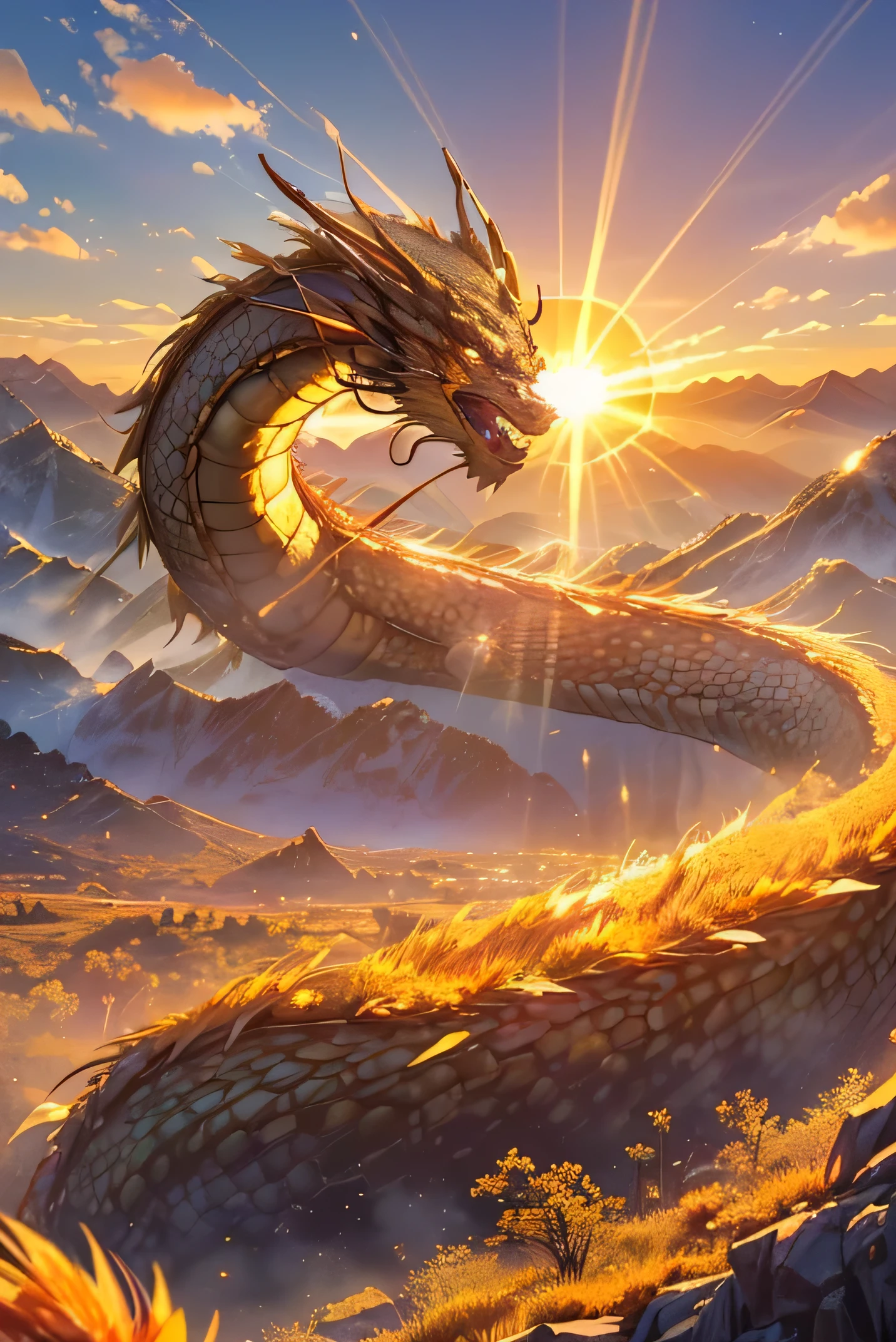 ((worst quality, low-quality)),(Golden Dragon, Golden Dragonの頭:1.3), (sunrise light, rays of the morning sun:1.4), (Beautiful magnificent mountains and dragon background:1.4), masutepiece, Best Quality, ultra-detailliert,