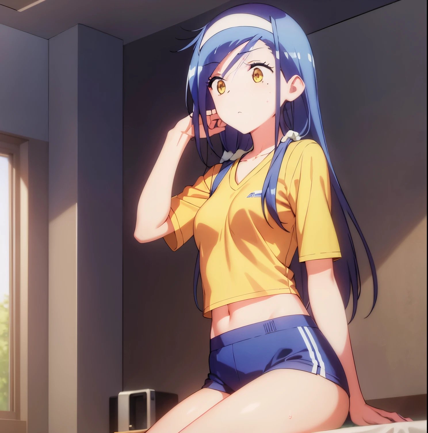 ((masterpiece)), ((Best quality)), (ultra detailed), anime style, a cute girl, 1 girl, Alone, Fumino Furuhashi, long hair, blue hair, yellow eyes, small breasts, medium waist, hips medium-sized, wide thighs, short sports shirt, blue shirt, short sports pants, black pants, sitting, bedroom, legs open, sweaty, embarrassed, tired expression, open bib, good anatomy, good hands, good lighting, sunset, open window with exterior wing view